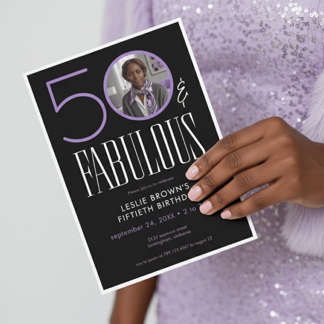 Invitación Modern Fifty Fabulous Purple White Photo Birthday (Subido por el creador)