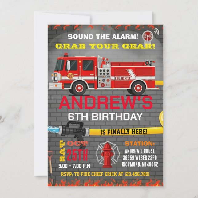 Invitación Modern Fire Fighter Department Theme Truck (Anverso)