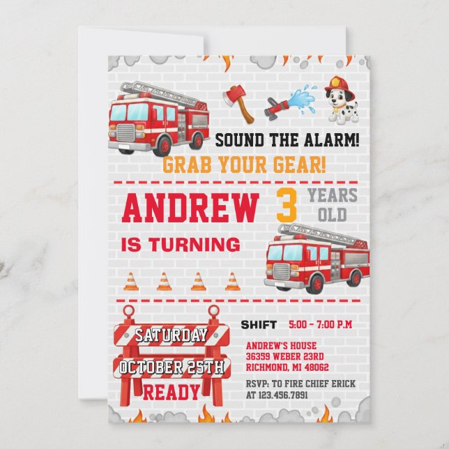 Invitación Modern Fire Fighter Station Rescue Truck Flames (Anverso)