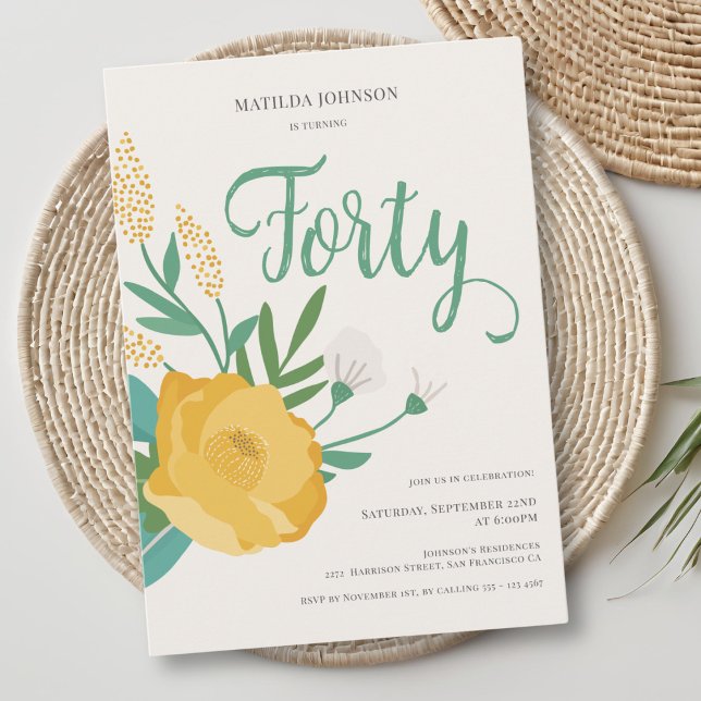Invitación Modern Floral 40.º Fiesta de cumpleaños (Modern Floral 40th Birthday Party Invitation)