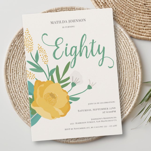 Invitación Modern Floral 80th Birthday Party (Modern Floral 80th Birthday Party Invitation)