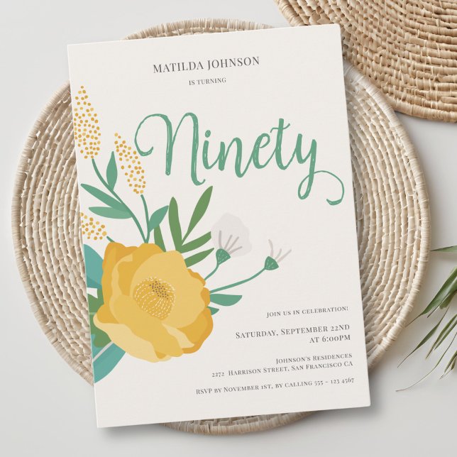 Invitación Modern Floral 90 cumpleaños (Modern Floral 90th Birthday Party Invitation)