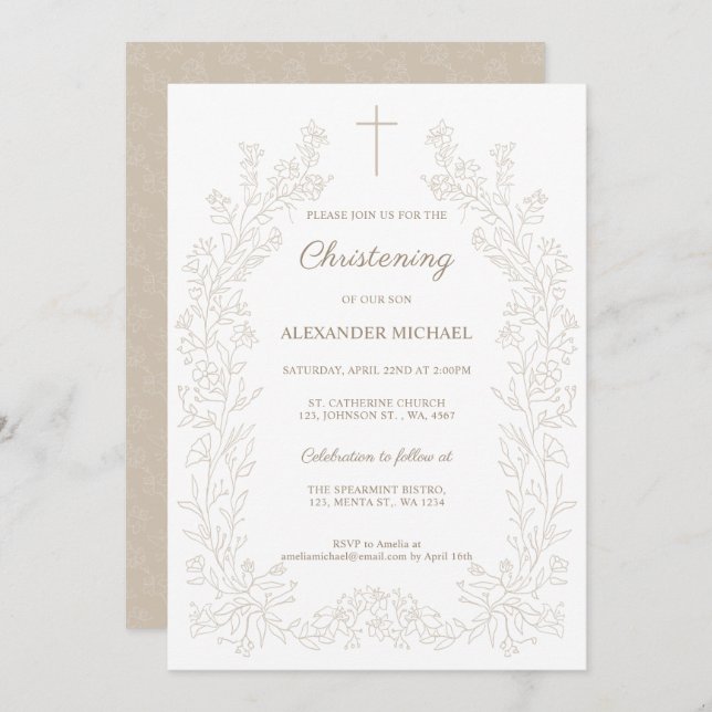 Invitación Modern Floral Cross Christening Baptism (Anverso / Reverso)