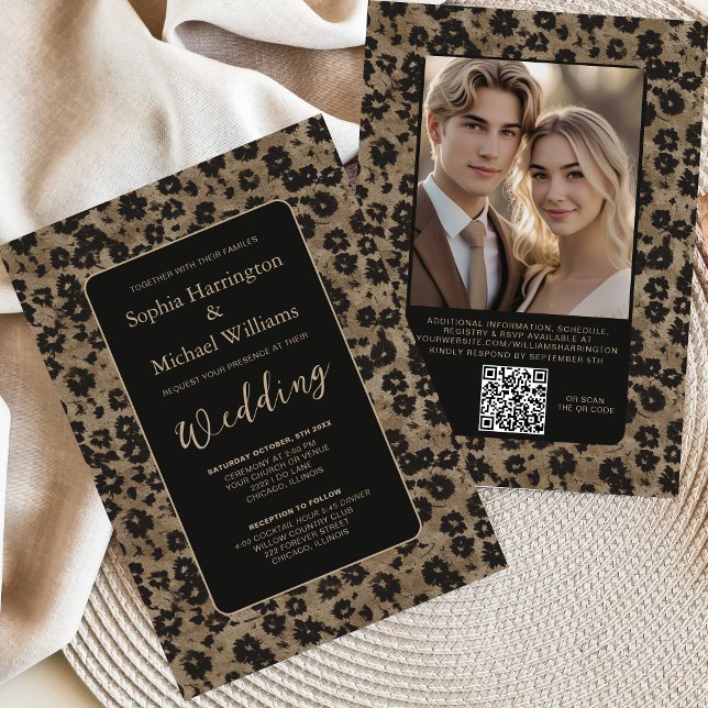 Invitación Modern Floral Elegant Black Wedding Invite QR Code (Subido por el creador)
