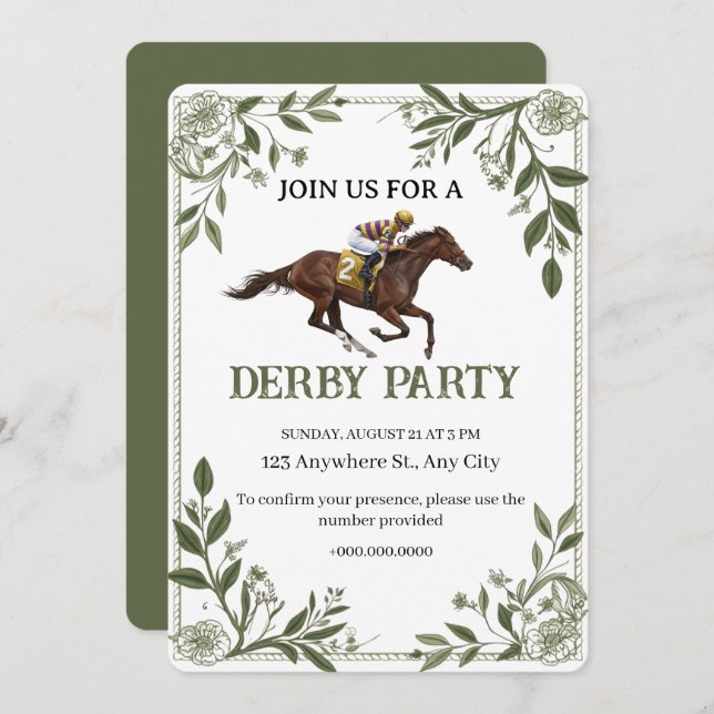 Invitación Modern Floral Equestrian Derby Invitation (Anverso / Reverso)