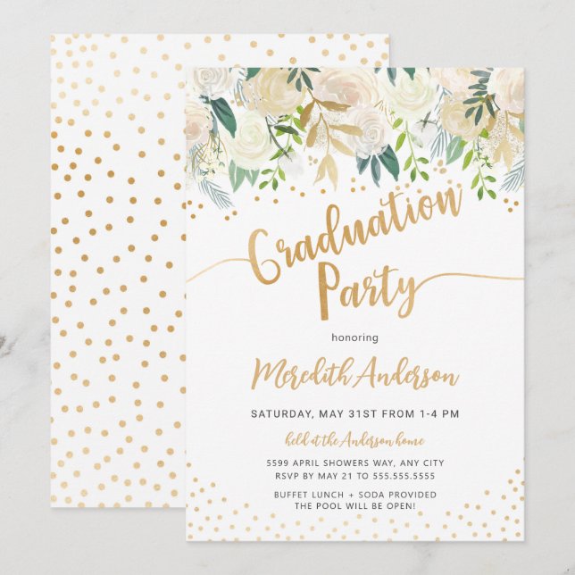 Invitación Modern Floral Gold fiesta de graduación de Confett (Anverso / Reverso)