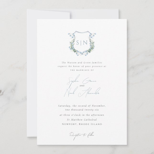 Invitación Modern Floral Monogram Crest Formal  Wedding (Anverso)