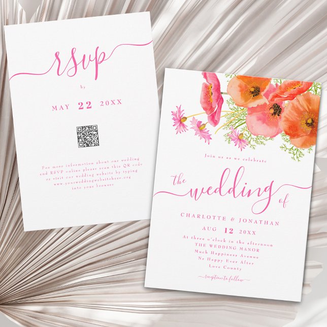 Invitación Modern Floral Vibrant Pink Orange Wedding Qr Code (Modern boho chic vibrant wildflower watercolor floral bouquet pink orange wedding qr code invitation)