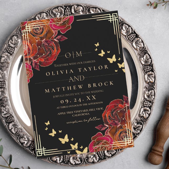 Invitación Modern Flower Red and  Black Gold Rose Wedding (Subido por el creador)