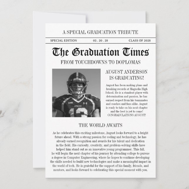 Invitación Modern Football Player Newspaper Photo Graduation (Anverso)