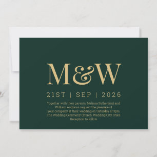 Invitación Modern Forrest Green Gold Monograma Boda