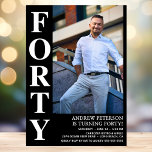 Invitación Modern FORTY Photo 40th Birthday Fiesta<br><div class="desc">Esta invitación moderna de los hombres por su 40 aniversario es perfecta para celebrar al hombre de tu vida que cumple cuarenta años. La palabra "cuarenta" está en un fabuloso tipo de letra en negrita sobre blanco sobre negro. Elige la foto que hace que esta invitación sea única de tu...</div>