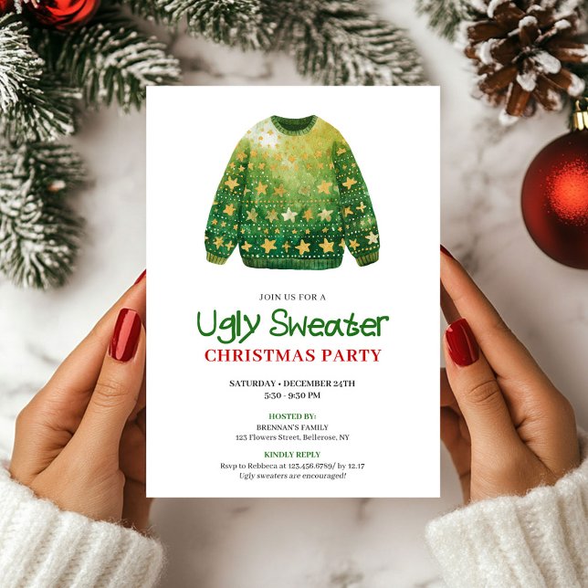 Invitación Modern Funny Ugly Sweater Xmas Party Card (Modern Funny Ugly Sweater Xmas Party Card)