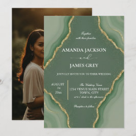 Invitación Modern Geode Photo Back Sage Green Wedding 
