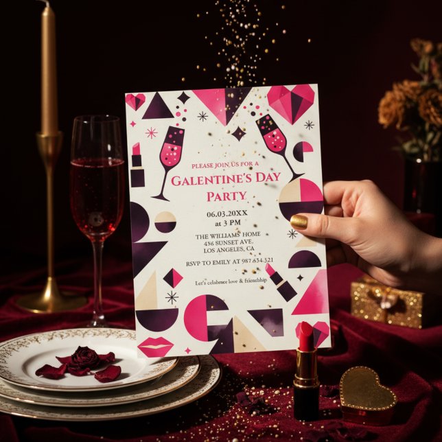 Invitación Modern Geometric Galentine's Invitation (Geometric modern design with pink/burgundy/beige shapes)