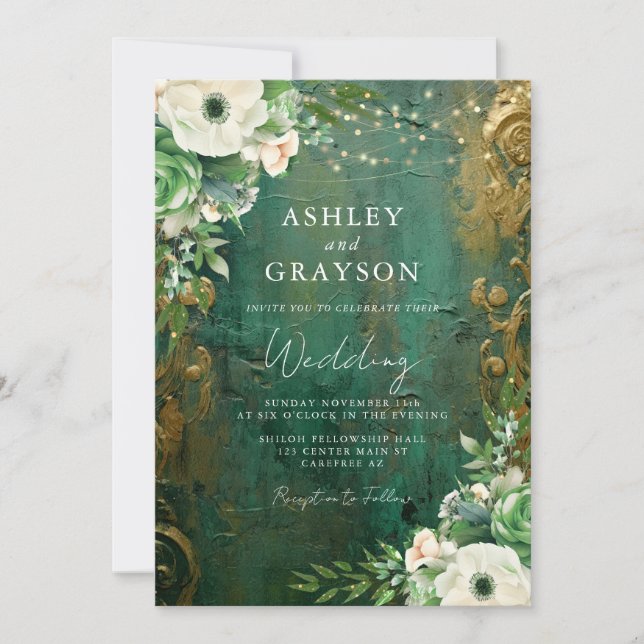 Invitación Modern Glam Emerald and Gold Wedding (Anverso)