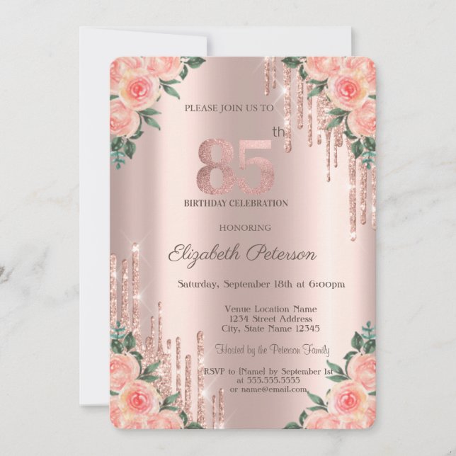 Invitación Modern Glitter Drips Floral Rosa Dorado 85º  (Anverso)