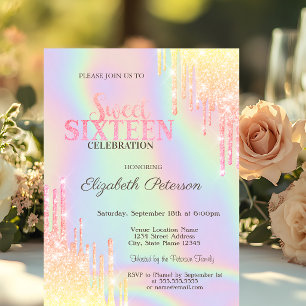 Invitación Modern Glitter Drips Holográfico Dulces 16