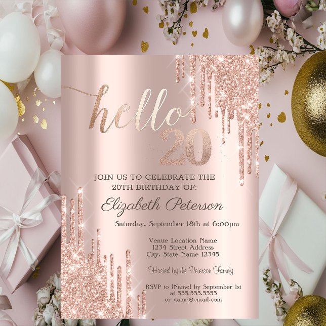 Invitación Modern Glitter Drips Rose Gold 20th Birthday  (Subido por el creador)