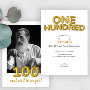 Invitación Modern Gold Balloon 100th Birthday Party Photo