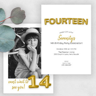 Invitación Modern Gold Balloon 14th Birthday Party Photo
