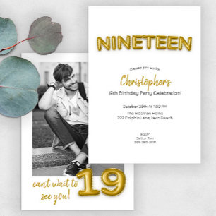 Invitación Modern Gold Balloon 19th Birthday Party Photo