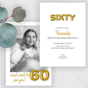 Invitación Modern Gold Balloon 60th Birthday Party Photo