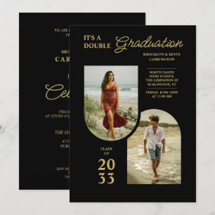 Invitación Modern Gold Black Double Grad 2 Photo TMF26
