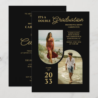 Invitación Modern Gold Black Double Grad 2 Photo TMF26