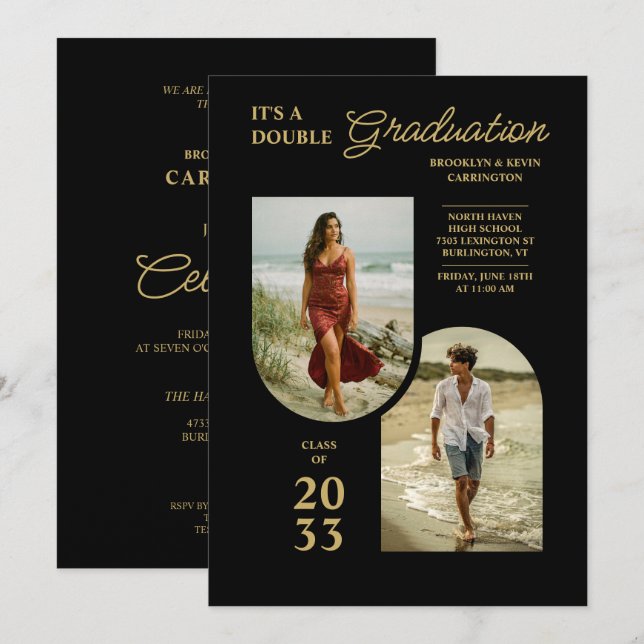 Invitación Modern Gold Black Double Grad 2 Photo TMF26 (Anverso / Reverso)