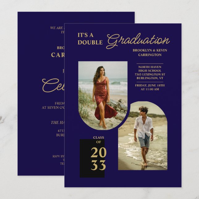 Invitación Modern Gold Blue Double Grad 2 Photo TMF26 (Anverso / Reverso)