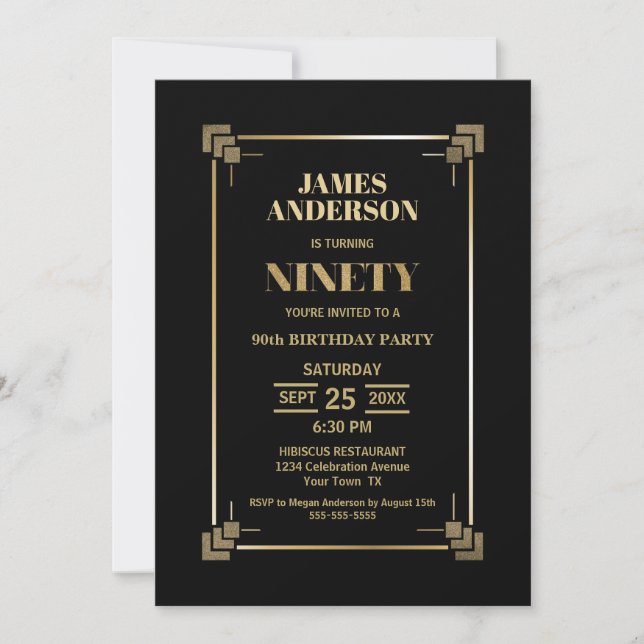 Invitación Modern Gold Border Black 90th Birthday Party (Anverso)