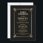 Invitación Modern Gold Border Black 90th Birthday Party<br><div class="desc">Una moderna invitación a la fiesta de cumpleaños 90 en negro y oro.</div>
