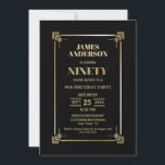 Invitación Modern Gold Border Black 90th Birthday Party<br><div class="desc">Una moderna invitación a la fiesta de cumpleaños 90 en negro y oro.</div>