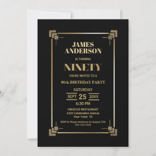 Invitación Modern Gold Border Black 90th Birthday Party