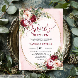 Invitación Modern Gold Burgundy Floral Sweet Sixteen Card