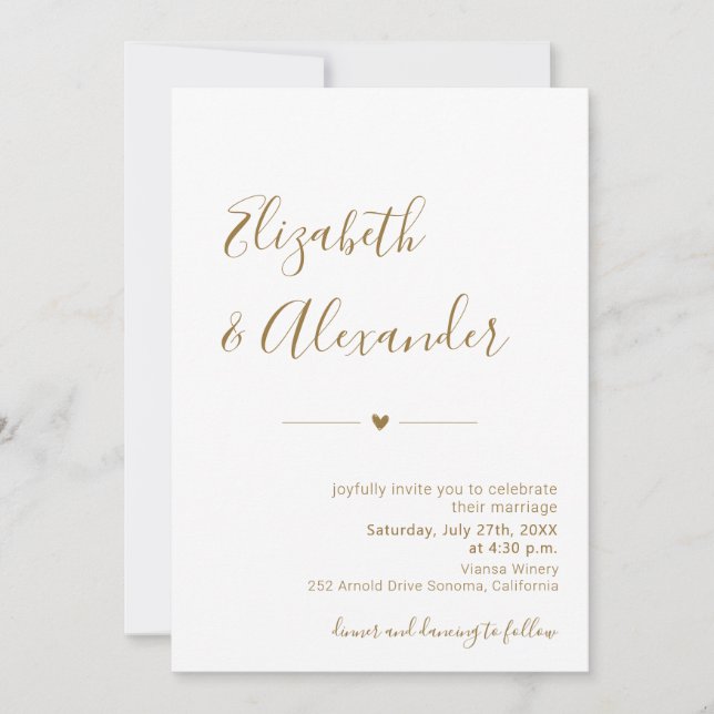 Invitación Modern Gold Caligraphy Script Heart Boda (Anverso)