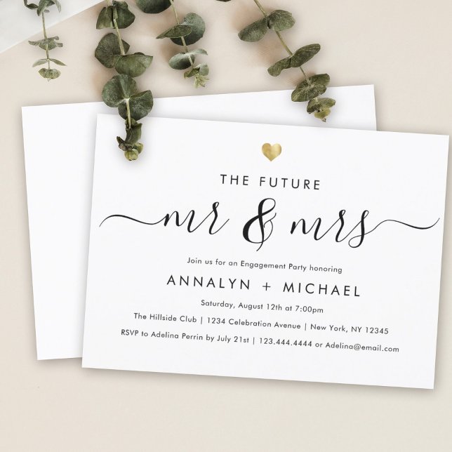 Invitación Modern Gold Future Mr. y Mrs Engagement Party (Engagement party invitation on a light table. Text reads "The Future Mr & Mrs" in elegant script.)