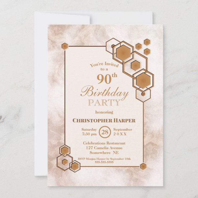 Invitación Modern Gold Geometric 90th Birthday Party (Anverso)