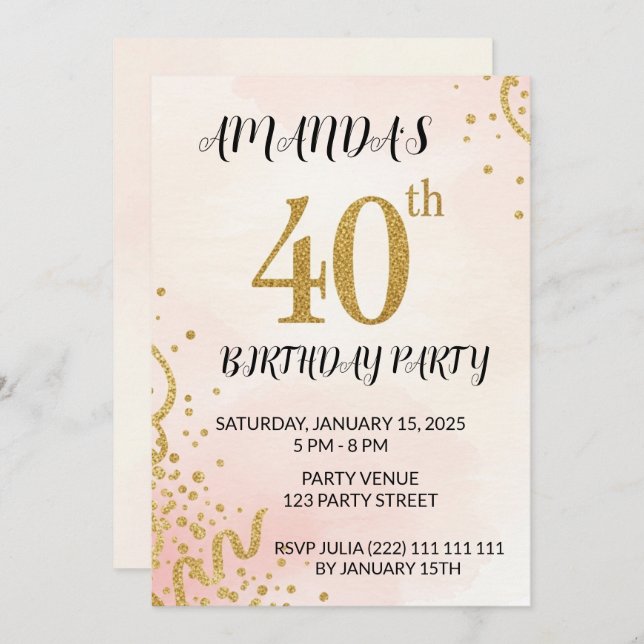 Invitación Modern Gold Glitter 40th Birthday (Anverso / Reverso)