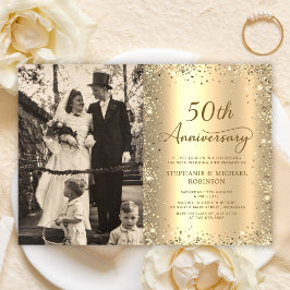 Invitación Modern Gold Glitter Photo 50th Wedding Anniversary