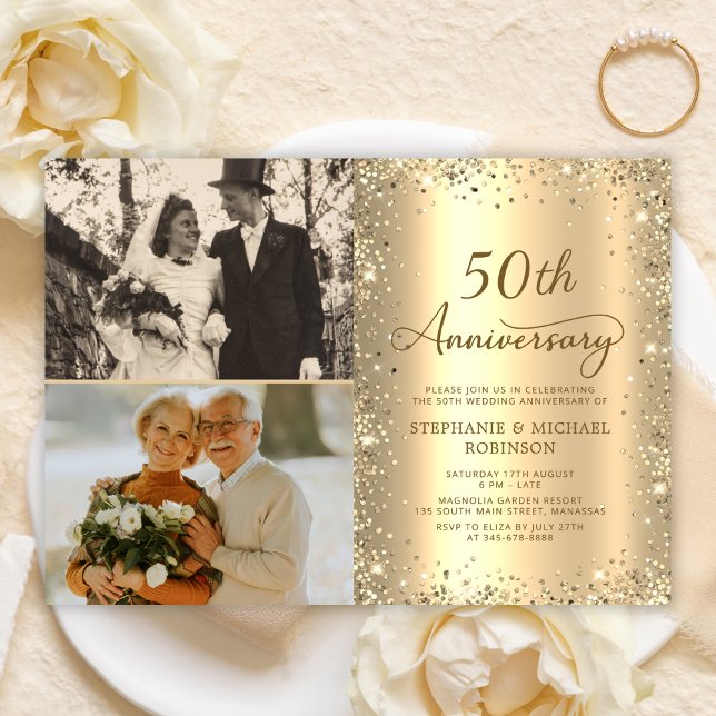 Invitación Modern Gold Glitter Photo 50th Wedding Anniversary (Subido por el creador)