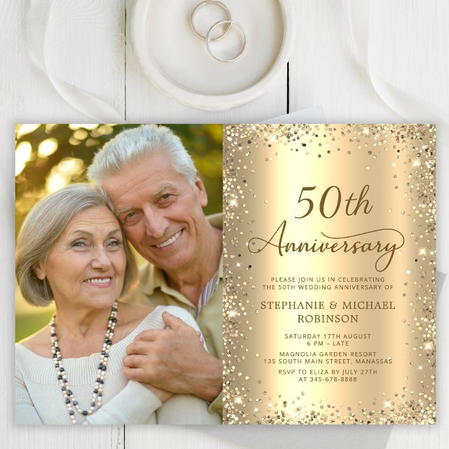 Invitación Modern Gold Glitter Photo 50th Wedding Anniversary (Subido por el creador)
