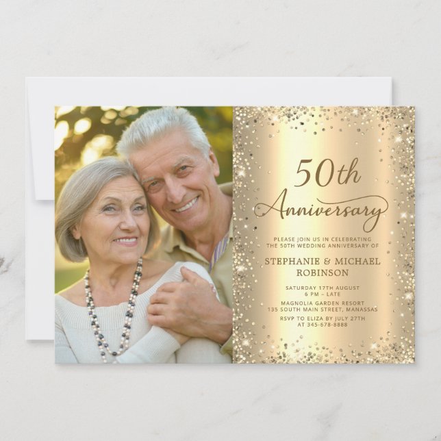 Invitación Modern Gold Glitter Photo 50th Wedding Anniversary (Anverso)