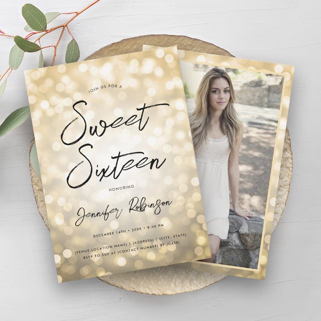 Invitación Modern Gold Lights Photo Sweet 16 Fiesta (Modern Gold Lights Photo Sweet 16 Party Invitation)