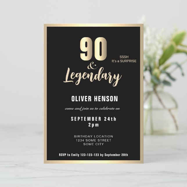 Invitación Modern Gold Metallic Surprise 90th Birthday  (Anverso de pie)