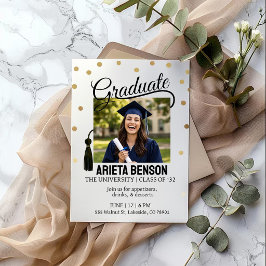 Invitación Modern Gold Polka Dot Graduation Party Photo 