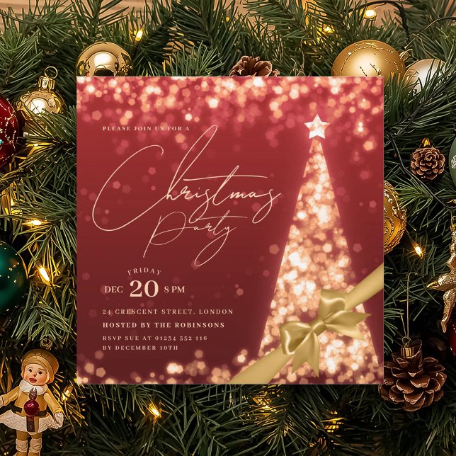 Invitación MODERN Gold Red Winter Christmas Tree Bow Party  (MODERN Gold Red Winter Christmas Tree Bow Party Invitation)