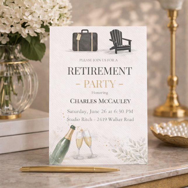 Invitación Modern Gold Retirement Invitation (Modern gold retirement party invite with champagne detail and refined evening feel)