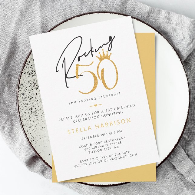 Invitación Modern Gold Rocking 50th Cumpleaños Party (Modern Gold Rocking 50th Birthday Party Invitation)
